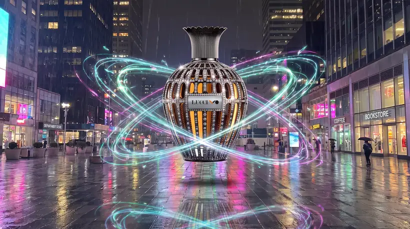 The floating flacon and its glowing cyan filaments mirrored in the wet paving of a night-time shopping street